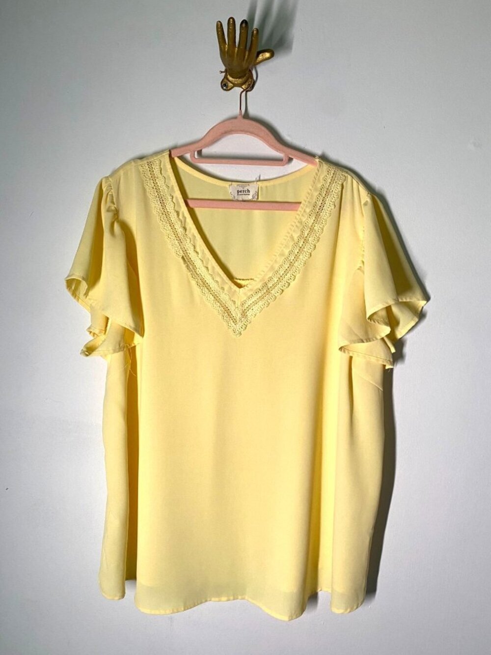 Perch By Blu Pepper 3X Yellow Flutter Sleeve Top With Lace Trim V-Neck 3XL
